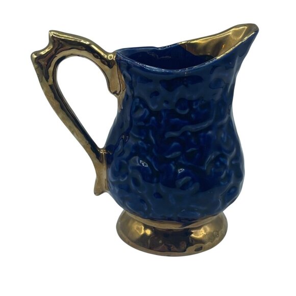 VTG Cobalt Blue Gold Accent Creamer Ripple Wavy Gift Decor 4" - Picture 3 of 9